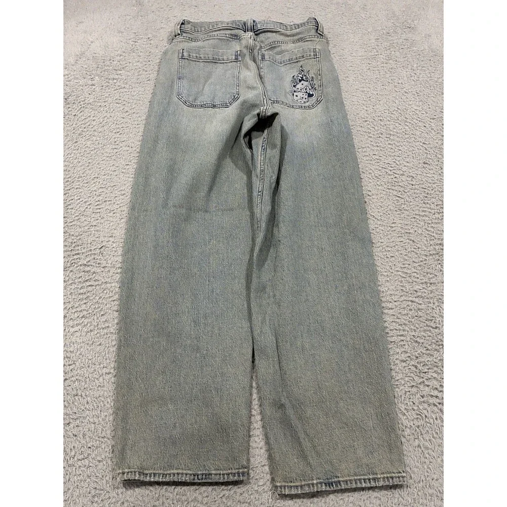 Hollister Jeans Mens 30x32 Blue Denim Baggy Skater Flame Dice Logo Streetwear
